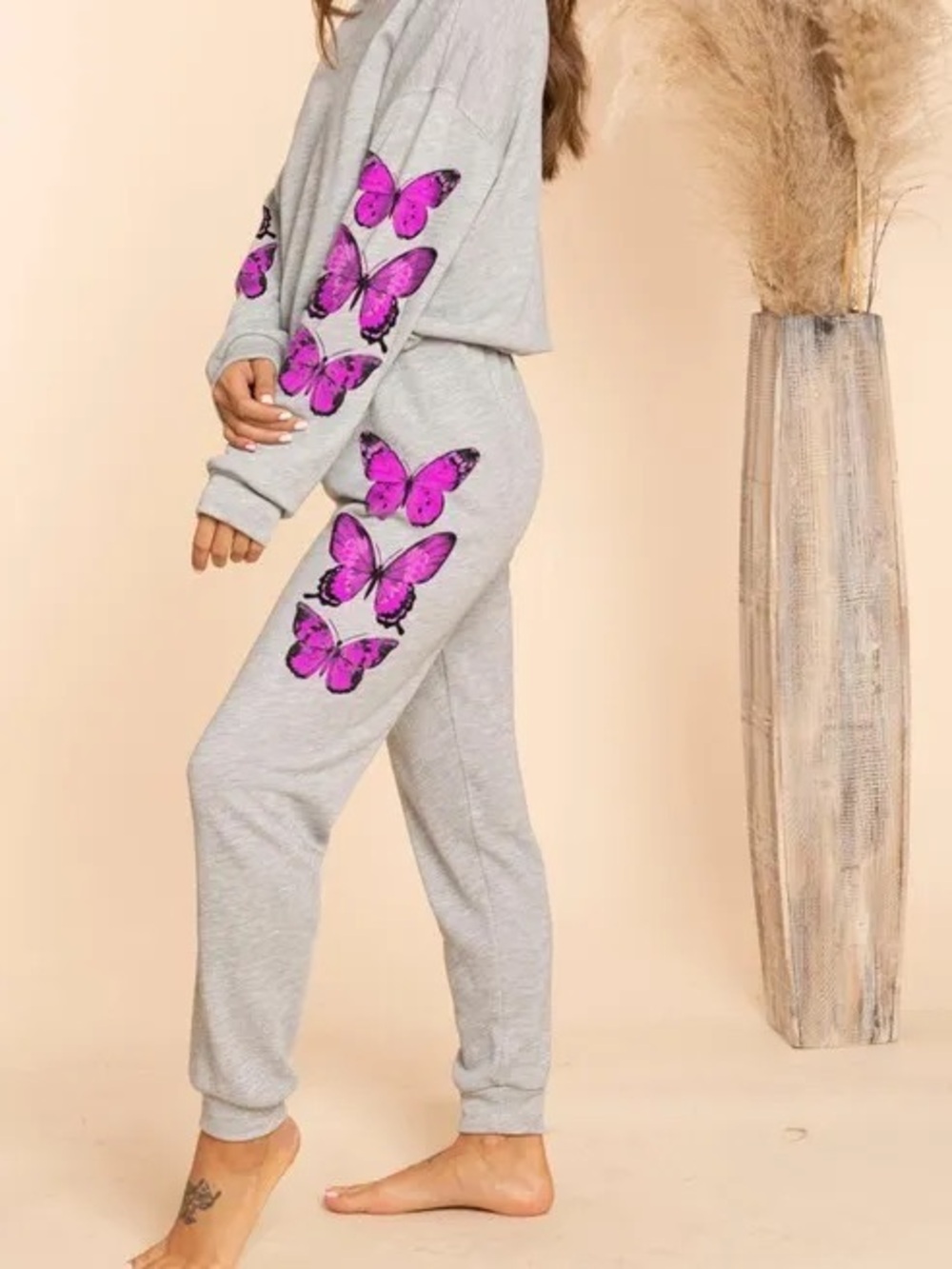 Gray Track Joggers with Pink Butterfly Motif